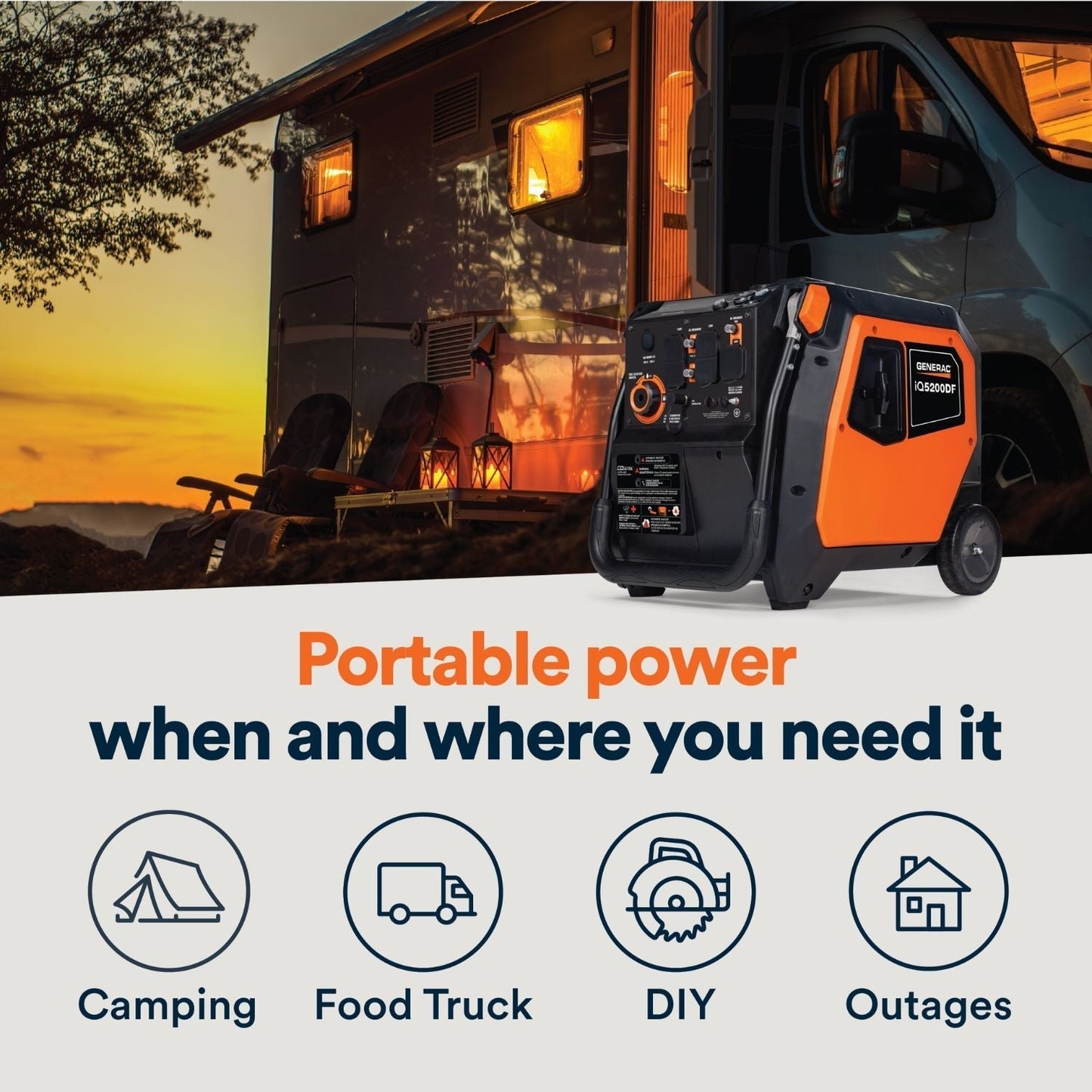 Generac iQ5200 Dual Fuel Inverter Generator providing portable power outdoors