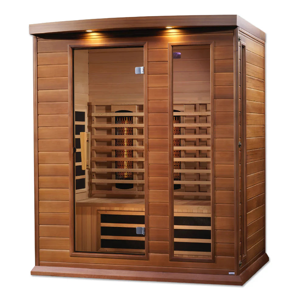 Maxxus_3_Person_Cedar_Full_Spectrum_Near_Zero_Infrared_Sauna_MX-M306-01_FS CED Front and Right Side on white background