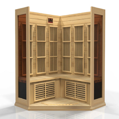 Maxxus 3 Person Corner Low EMF FAR Infrared Sauna MX-K356-01 Interior on a white background