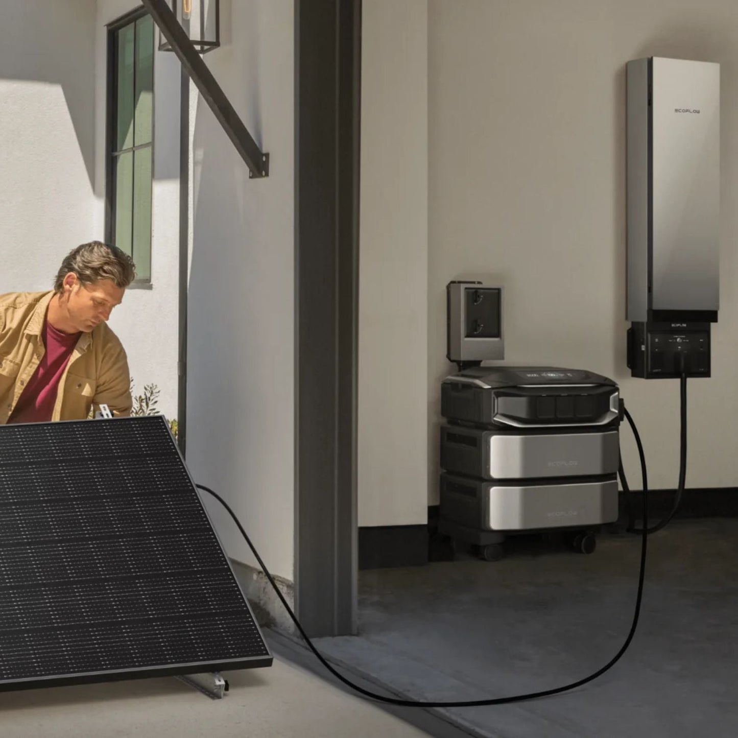 Person standing next to a solar panel and EcoFlow DELTA Pro Ultra X Whole-Home Backup in a room.
