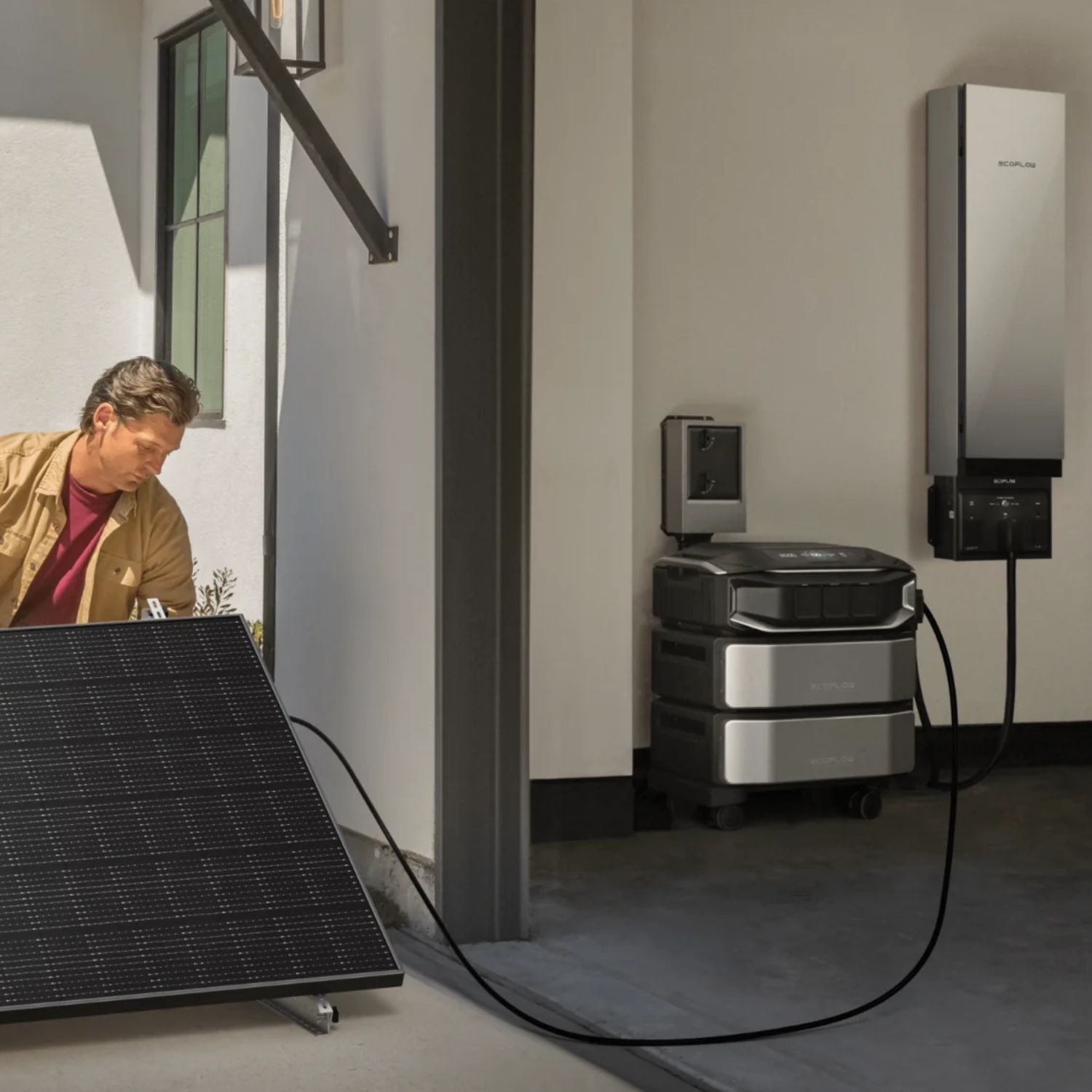 Person standing next to a solar panel and EcoFlow DELTA Pro Ultra X Whole-Home Backup in a room.
