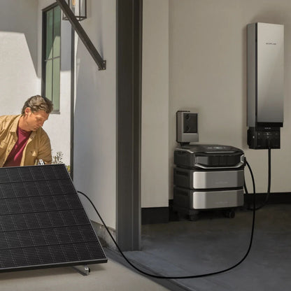 Person standing next to a solar panel and EcoFlow DELTA Pro Ultra X Whole-Home Backup in a room.