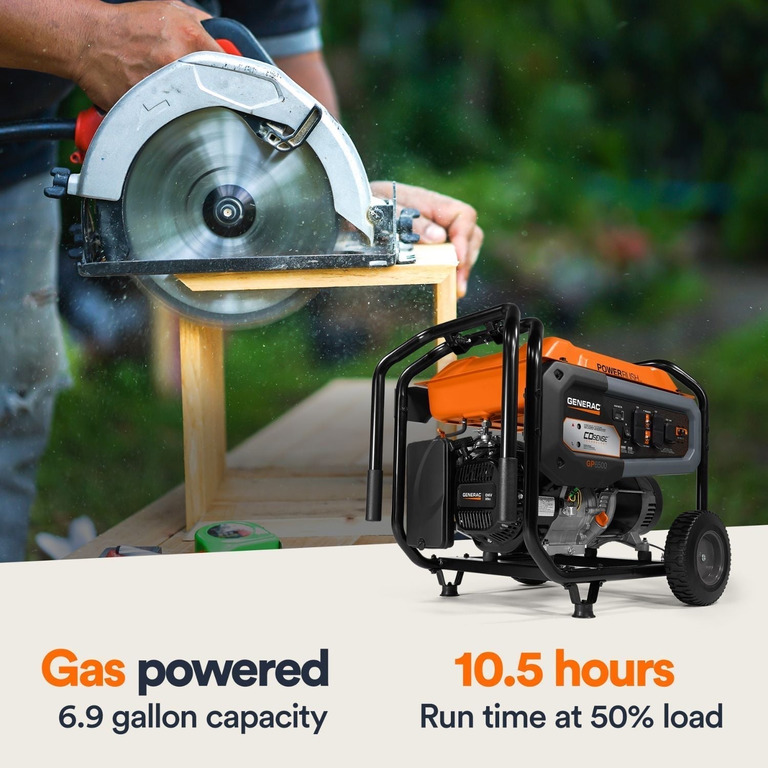 Person using a gas-powered circular saw with a Generac GP6500E Portable Generator  in front of a house with lightning in the background, emphasizing portable power solutions. in the background