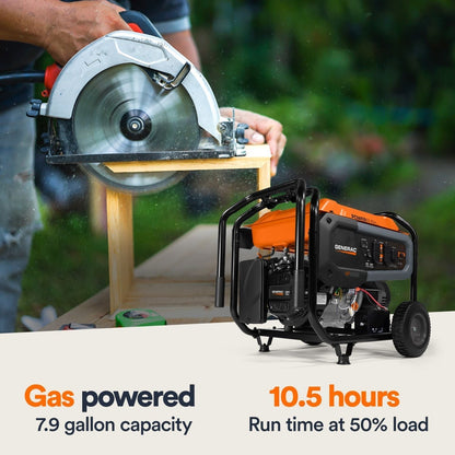 Person using a gas-powered circular saw with a Generac’s GP8000E Portable Generator  in the background.