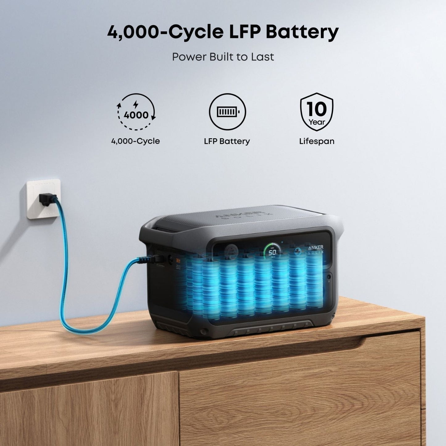 Portable power station with 4,000-cycle LFP battery on a wooden surface.