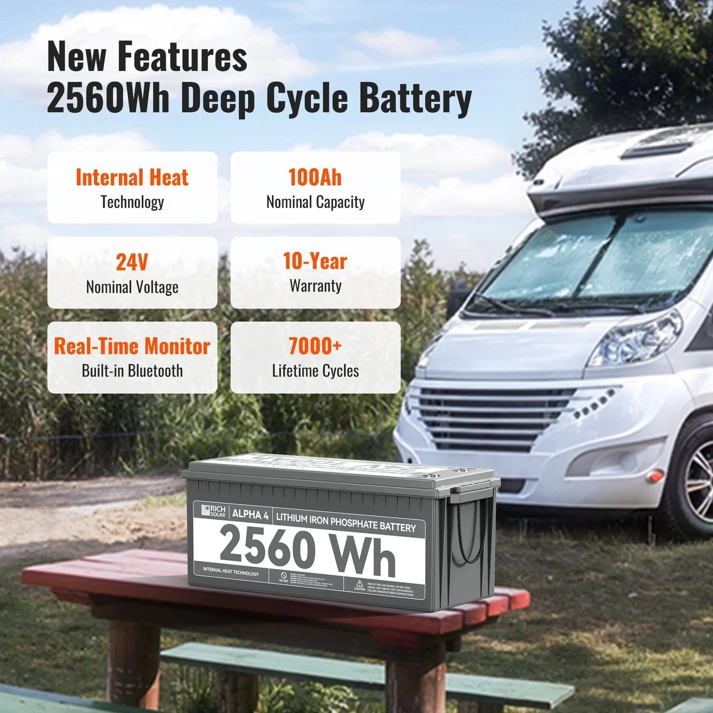 Rich Solar 24V 100Ah LiFePO4 Lithium Iron Phosphate Battery With Internal Heating and Bluetooth Function Features