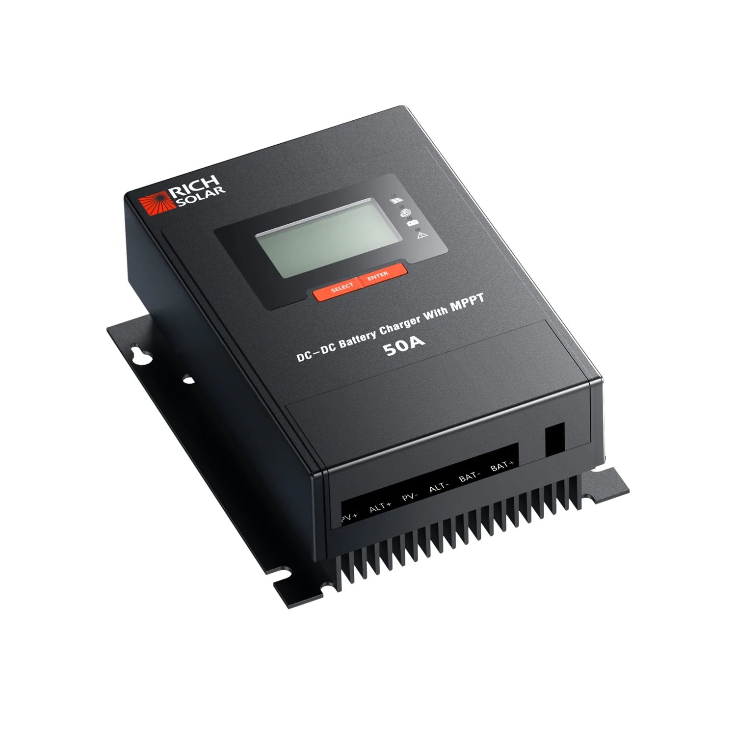 Rich Solar 50 Amp DC to DC Lithium Battery Alternator Charger with MPPT Front With Input View