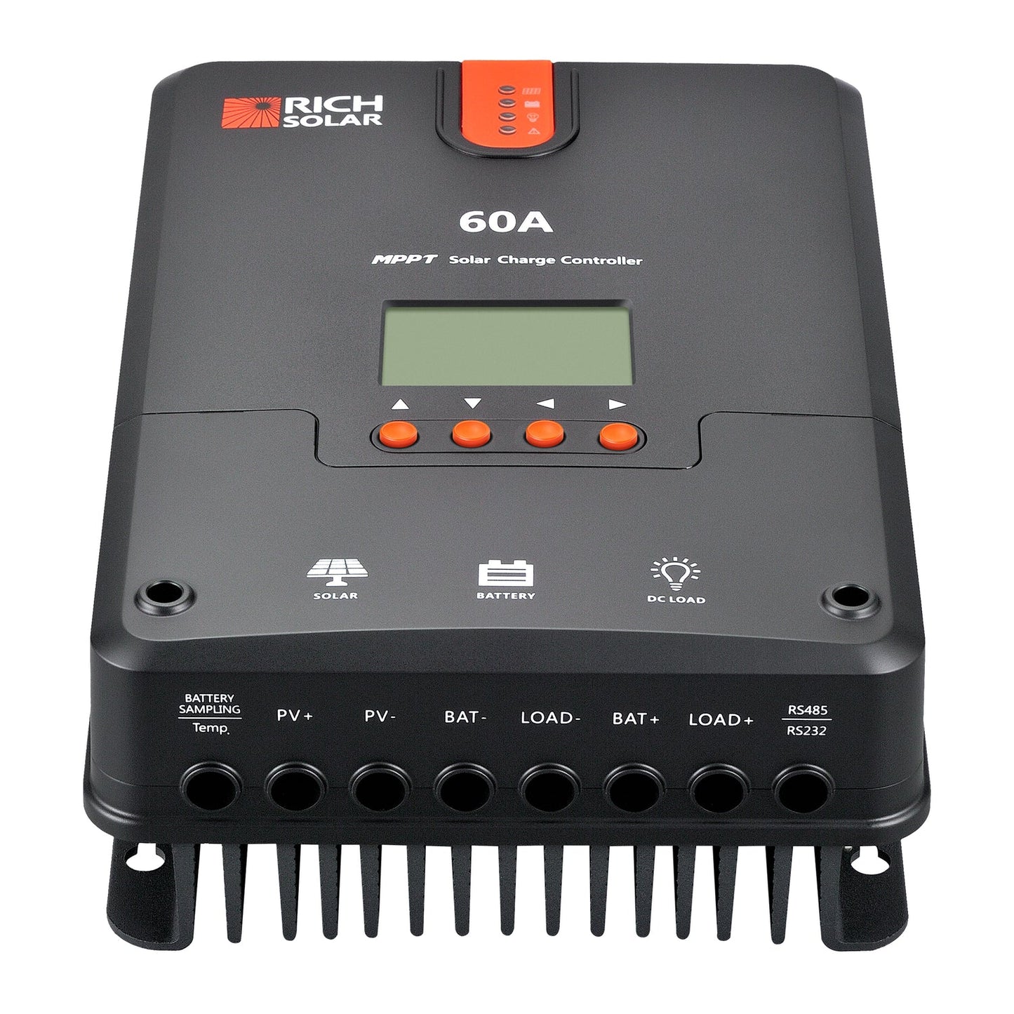 Rich Solar 60 Amp MPPT Solar Charge Controller Front With Input View