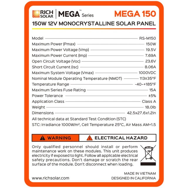Rich Solar MEGA 150 Watt BACKORDER Monocrystalline Solar Panel Speecification