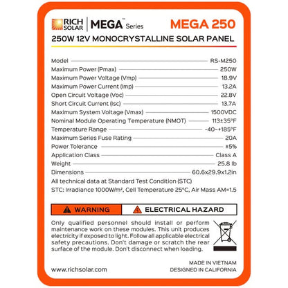 Rich Solar MEGA 250 Watt Monocrystalline Solar Panel Specification
