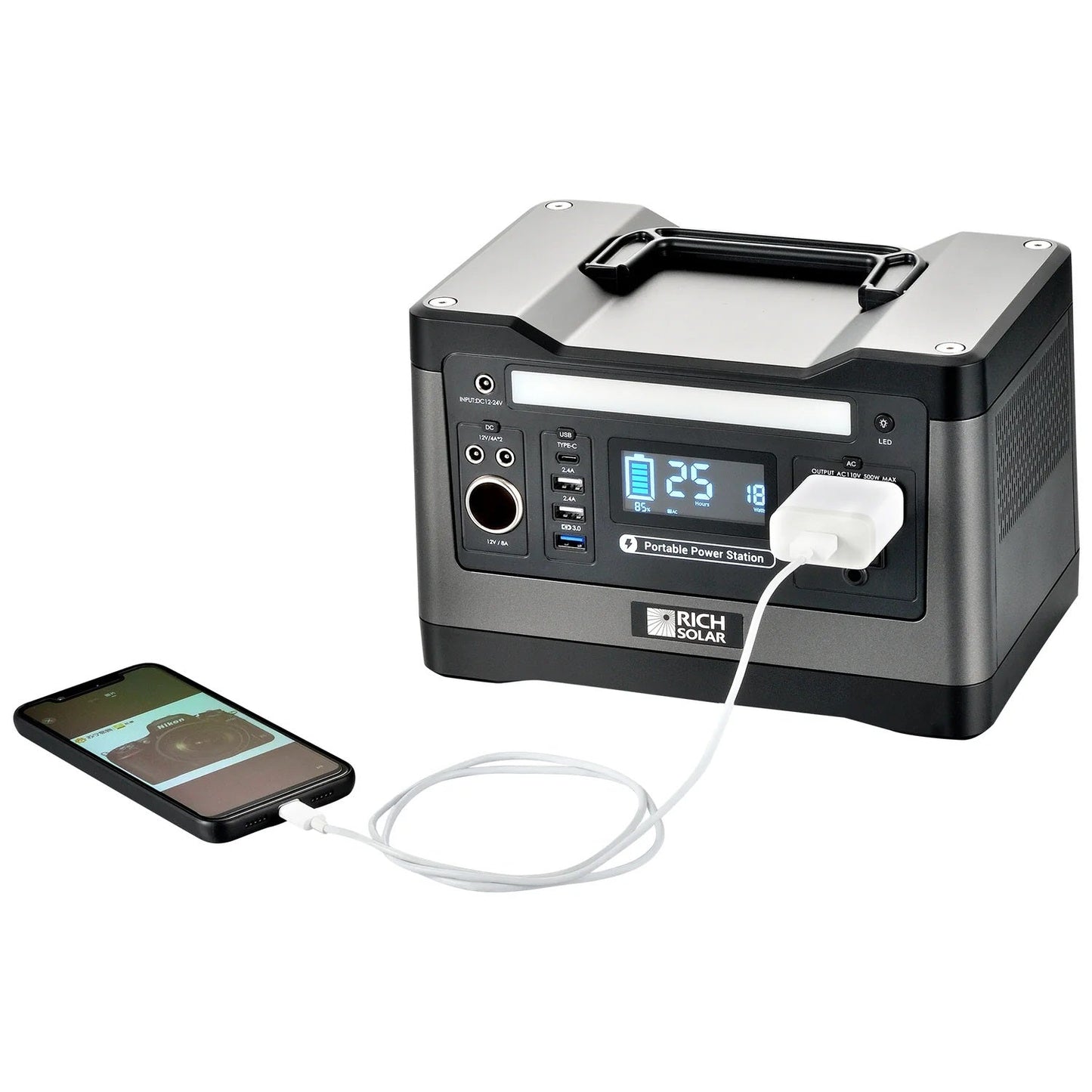 Rich Solar X500 Solar Generator Kit 540Wh Generator and 100 Watt Portable Solar Panel Black Connected With Phone 