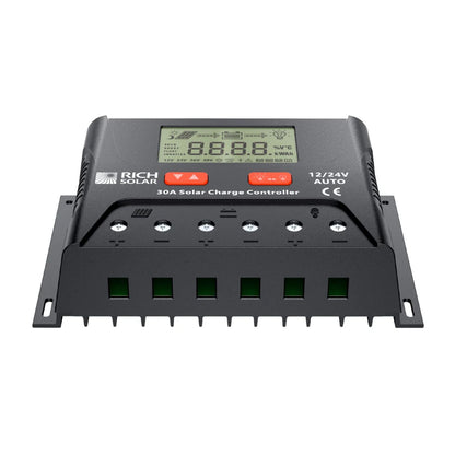 Rich Solar BRAVO LEGEND 30 Amp PWM Solar Charge Controller Front And Bottom View