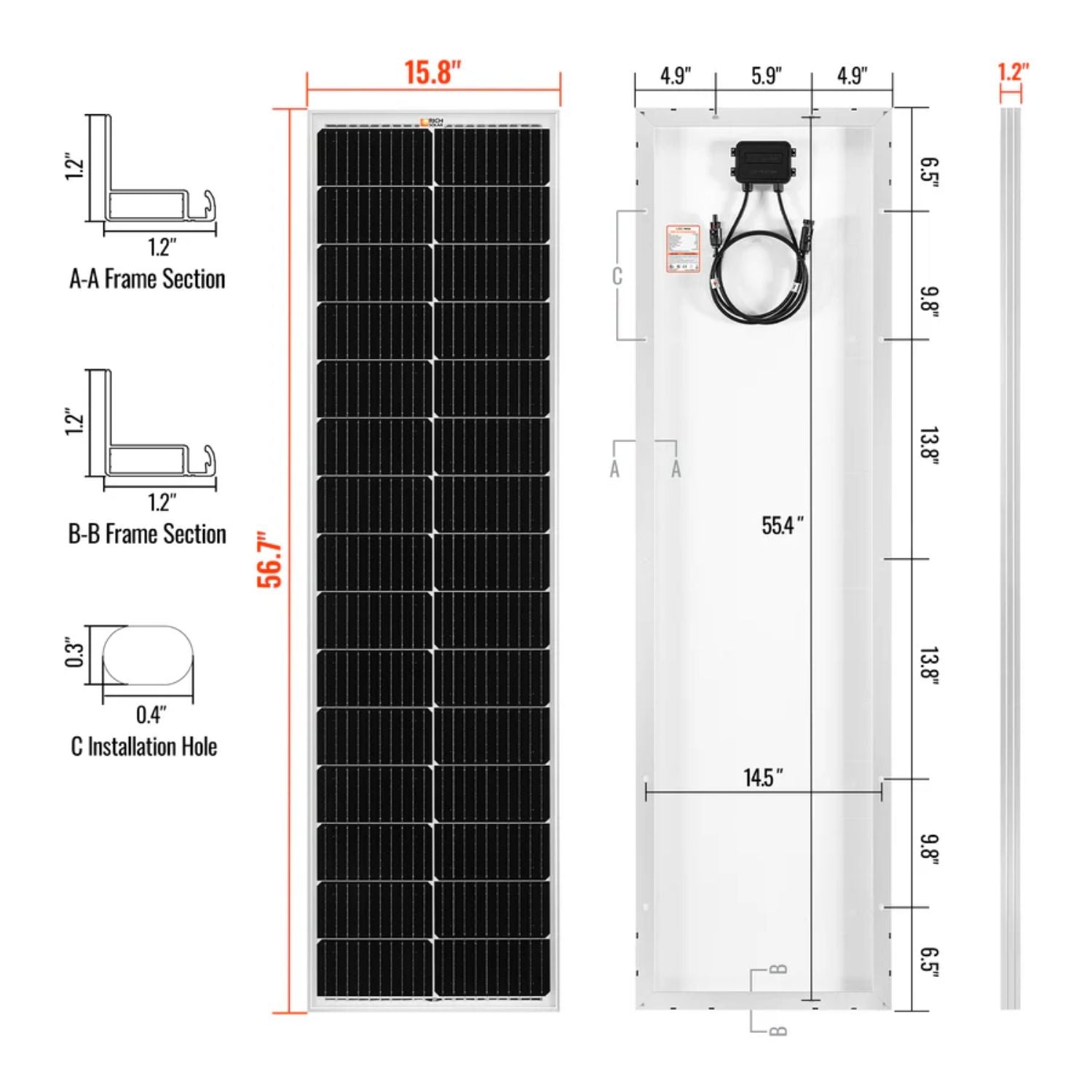 Rich Solar MEGA 100 Slim SLX Monocrystalline Solar Panel with dimensions and specifications 
