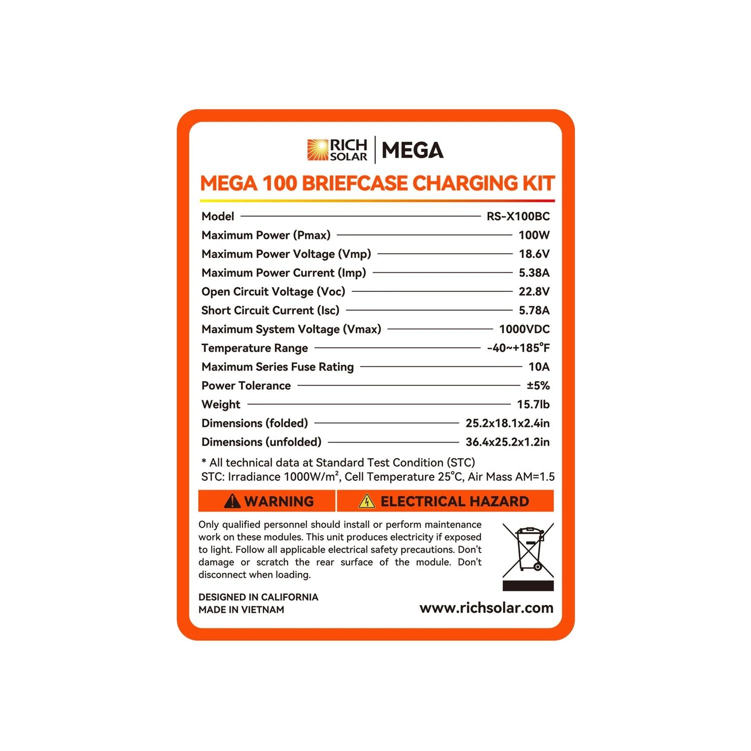 Rich Solar Mega 100 Briefcase Charging Kit Specifications