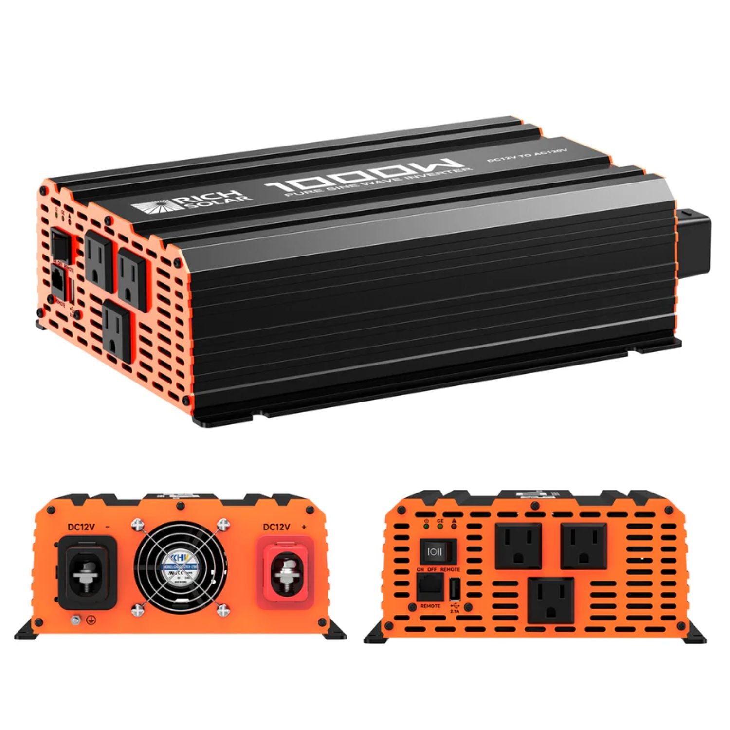 Rich Solar NOVA PURE 1K Inverter with different designs on a white background