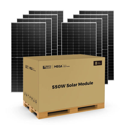 Set of 8 Rich Solar MEGA 550W Bifacial Solar Panels arranged for maximum solar energy generation