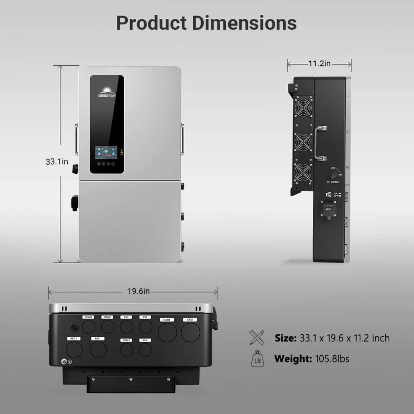 SunGold Power 12KW 48V All-in-one Hybrid Solar Inverter dimensions
