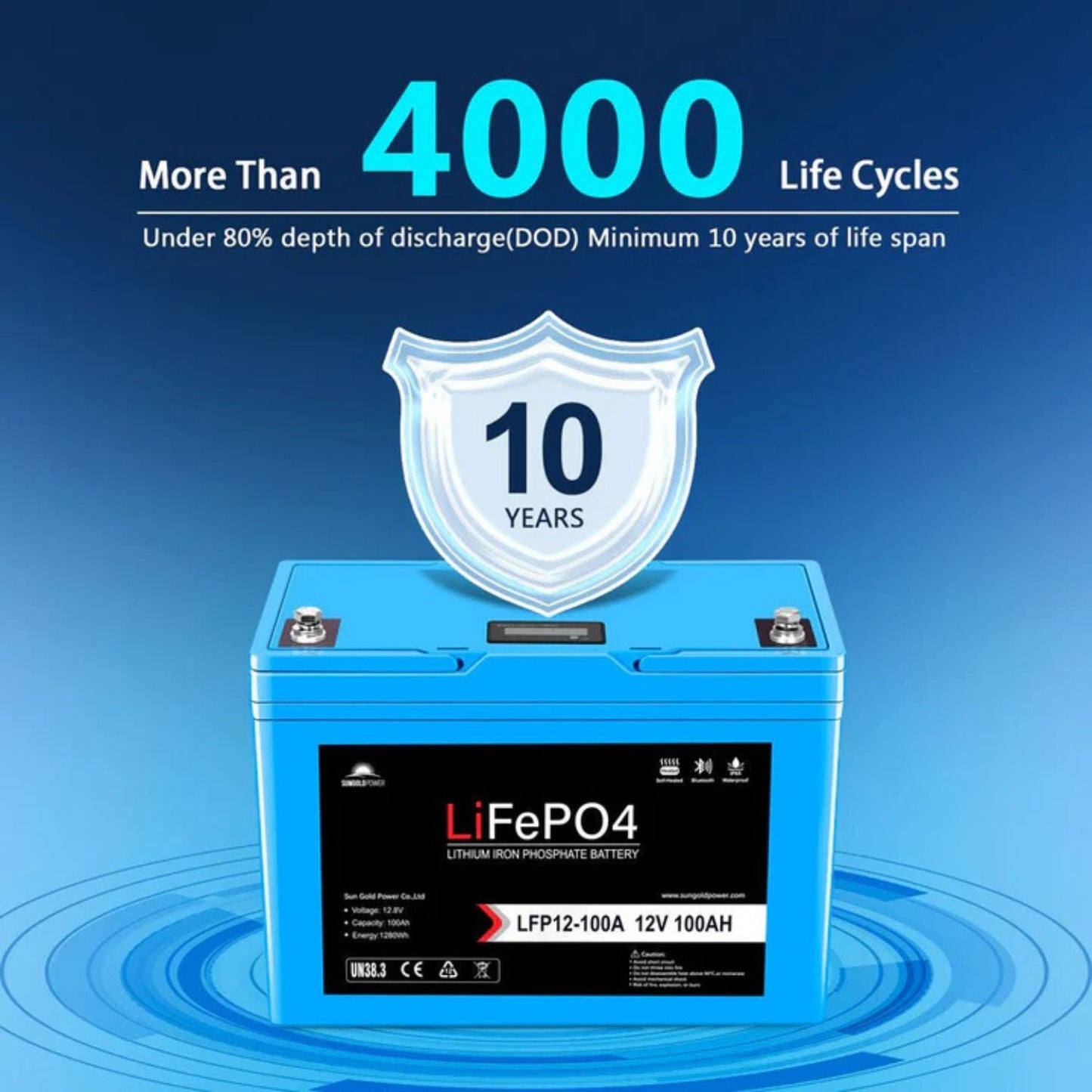 SunGold Power 12V 100AH LiFePO4 Deep Cycle Lithium Battery 4000 Life Cycles
