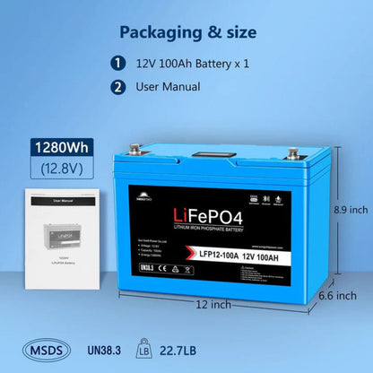SunGold Power 12V 100AH LiFePO4 Deep Cycle Lithium Battery Auto Balancing Packaging and size