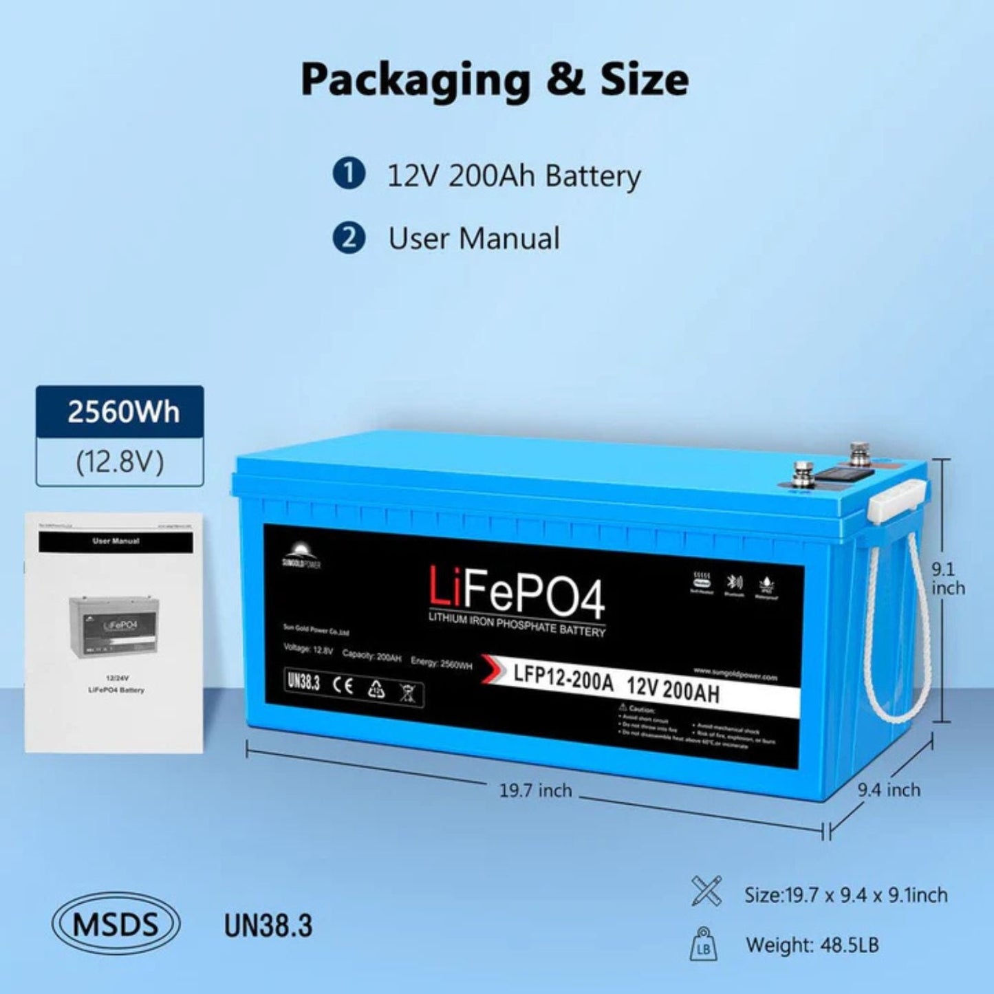 SunGold Power 12V 200Ah LiFePo4 Deep Cycle Lithium Battery Packaging and size