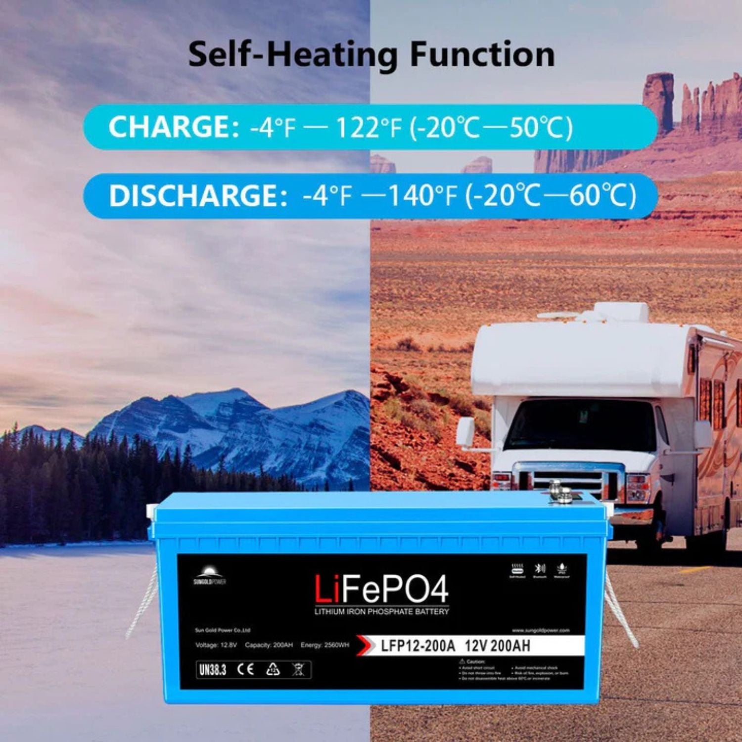 SunGold Power 12V 200Ah LiFePo4 Deep Cycle Lithium Battery Self Heating Functions
