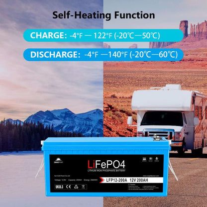 SunGold Power 12V 200Ah LiFePo4 Deep Cycle Lithium Battery Self Heating Functions