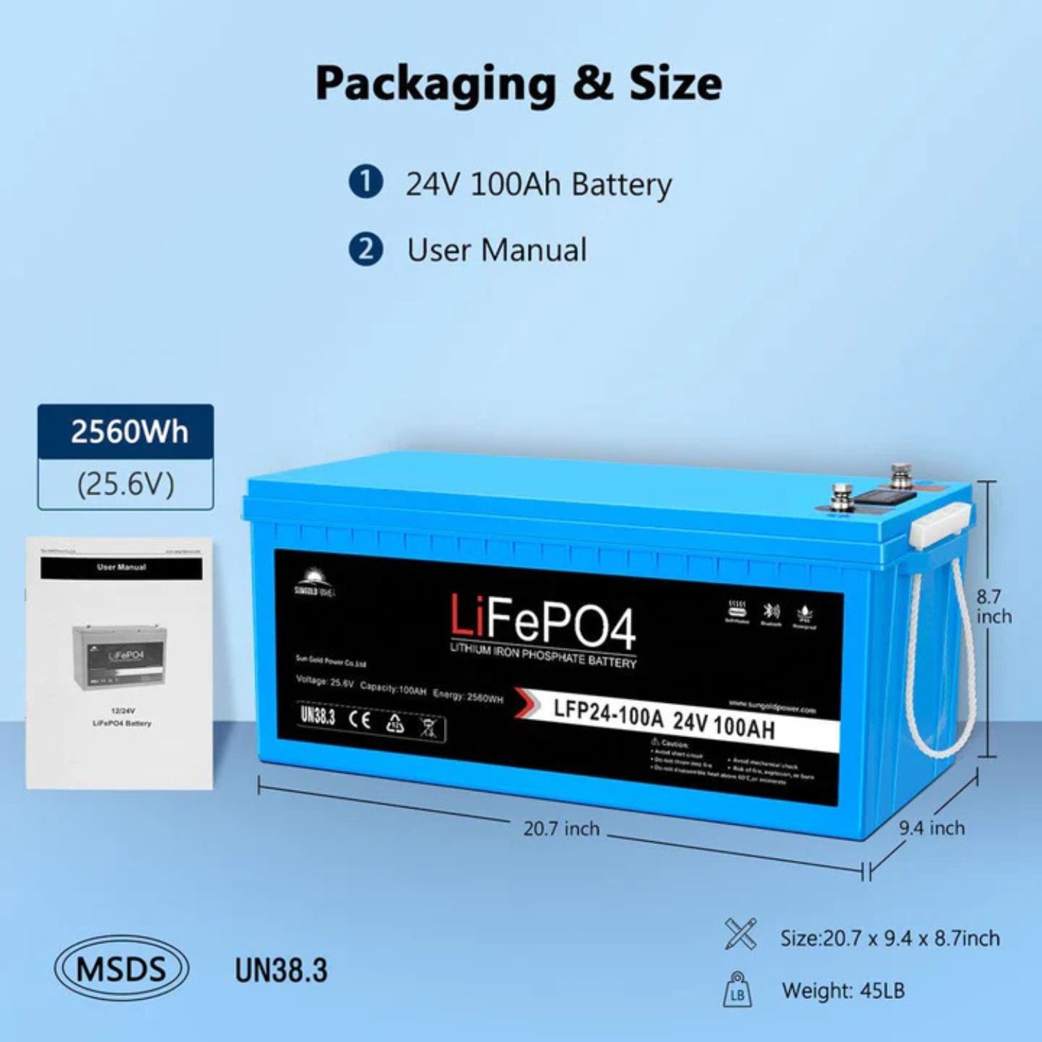SunGold Power 24V 100Ah LiFePo4 Deep Cycle Lithium Battery Packing and size