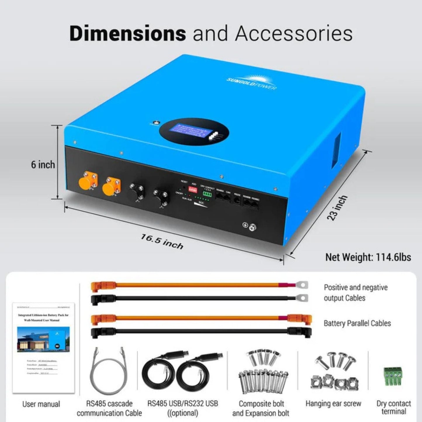 SunGold Power 5.12KWH Powerwall LiFePO4 Lithium Battery Dimensions