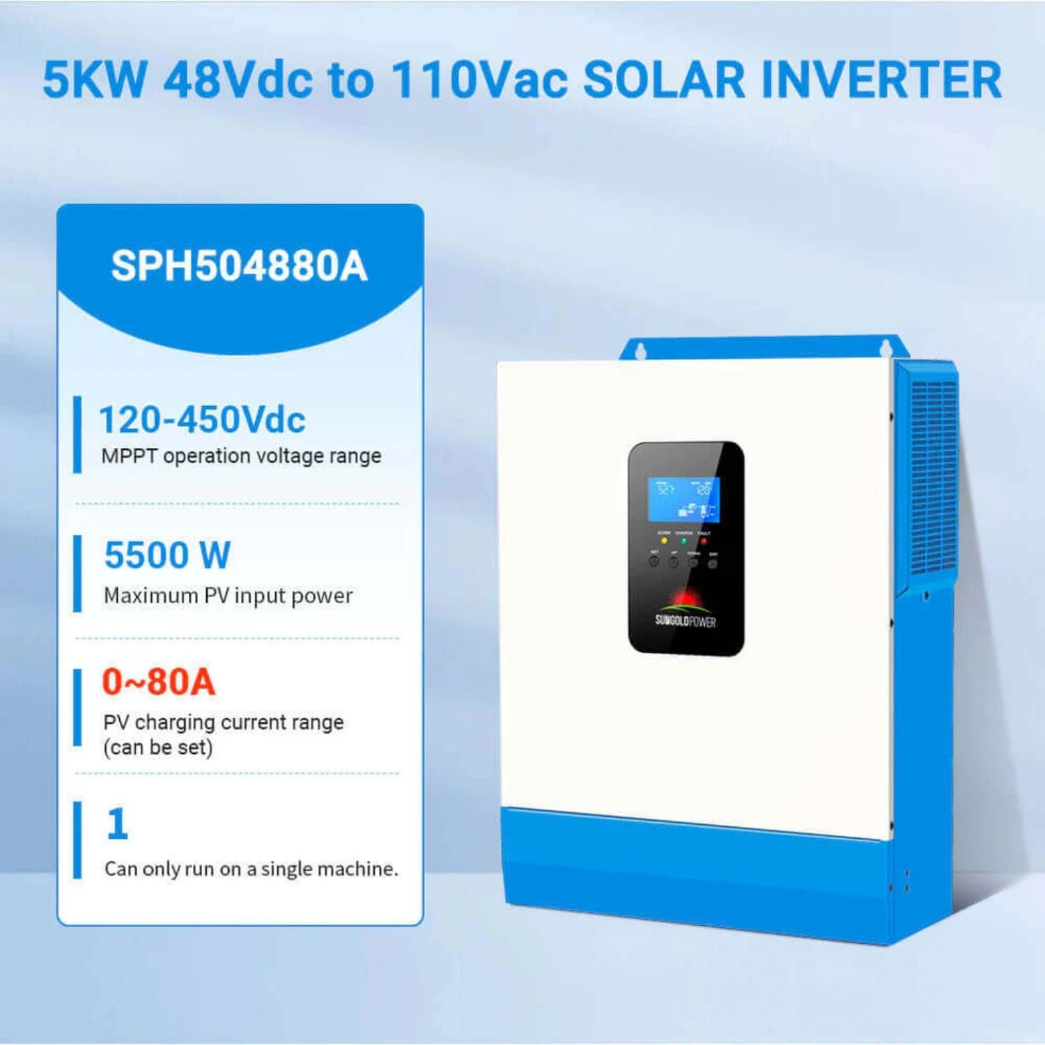SunGold Power 5000W 48V Solar Charger Inverter - 5KW 48dc to 110Vac Solar Inverter