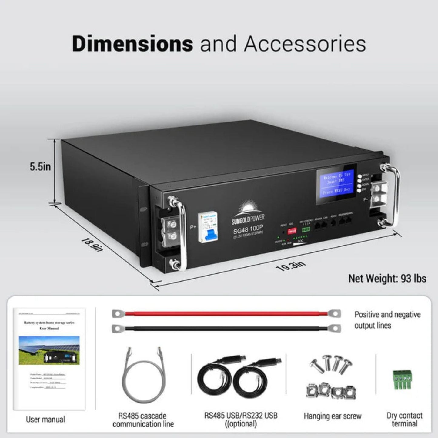 SunGold Power 51.2V 100AH Server Rack Lifepo4 Lithium Battery Dimensions