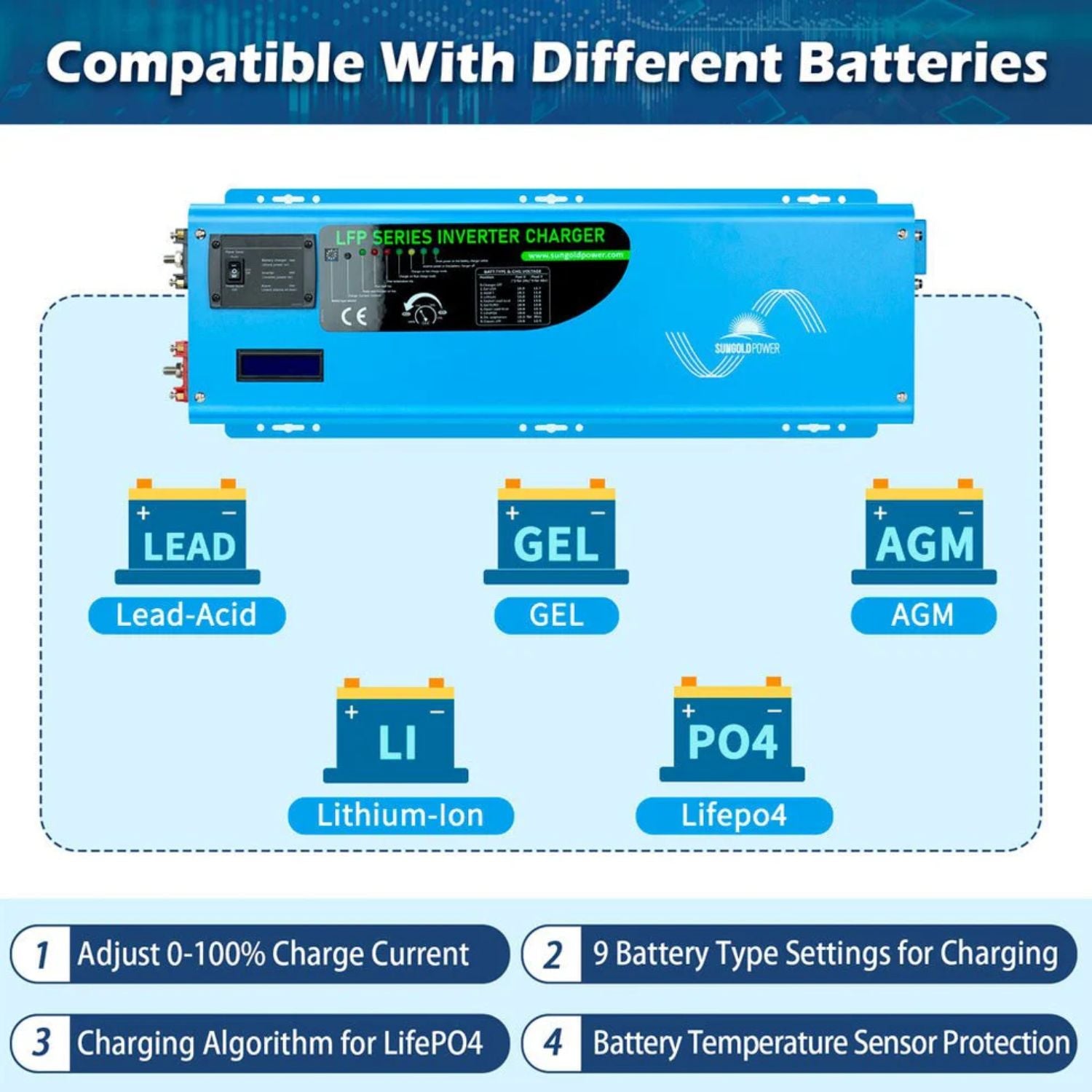 SunGold Power 6000W DC 48V Split Phase Pure Sine Wave Inverter With Charger - compatible with different batteries