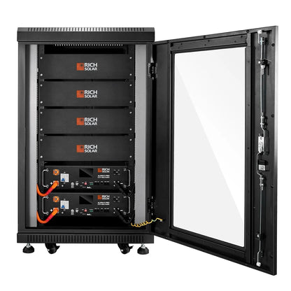 Two Rich Solar ALPHA 5 PRO 51.2V with open door server rack