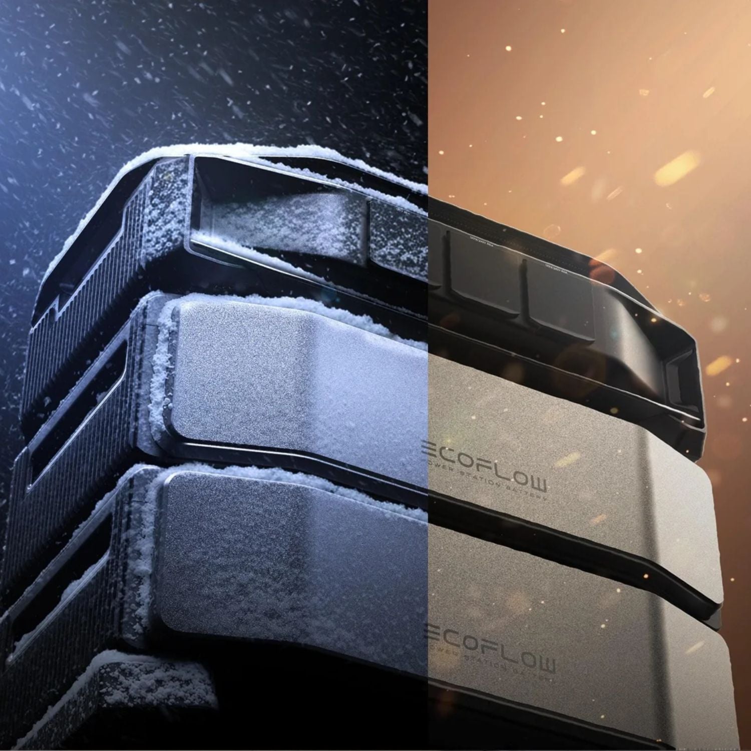 Two stacked of EcoFlow DELTA Pro Ultra X Whole-Home Backup with 'EcoFlow' branding on a dark and warm gradient background.