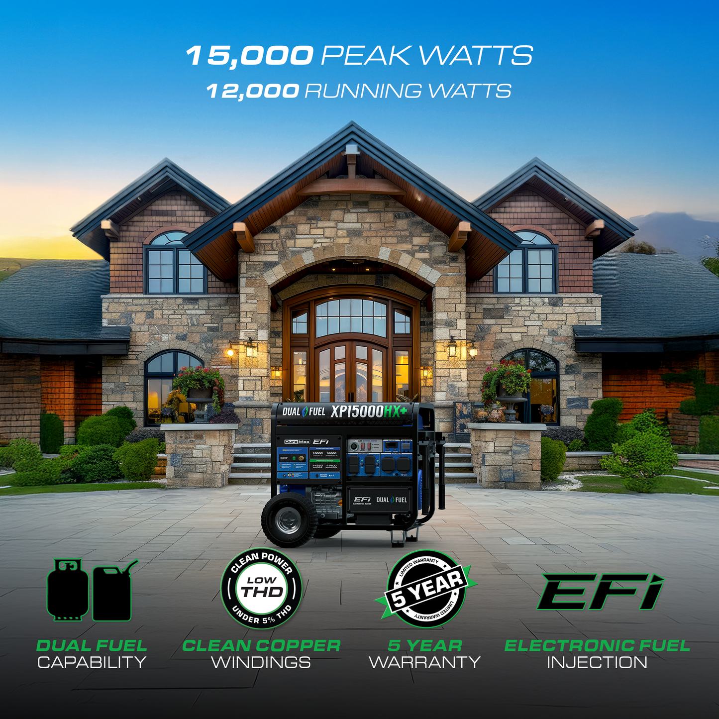 DuroMax XP15000HX+ 15,000W Electric Start Dual Fuel EFI Portable Generator
