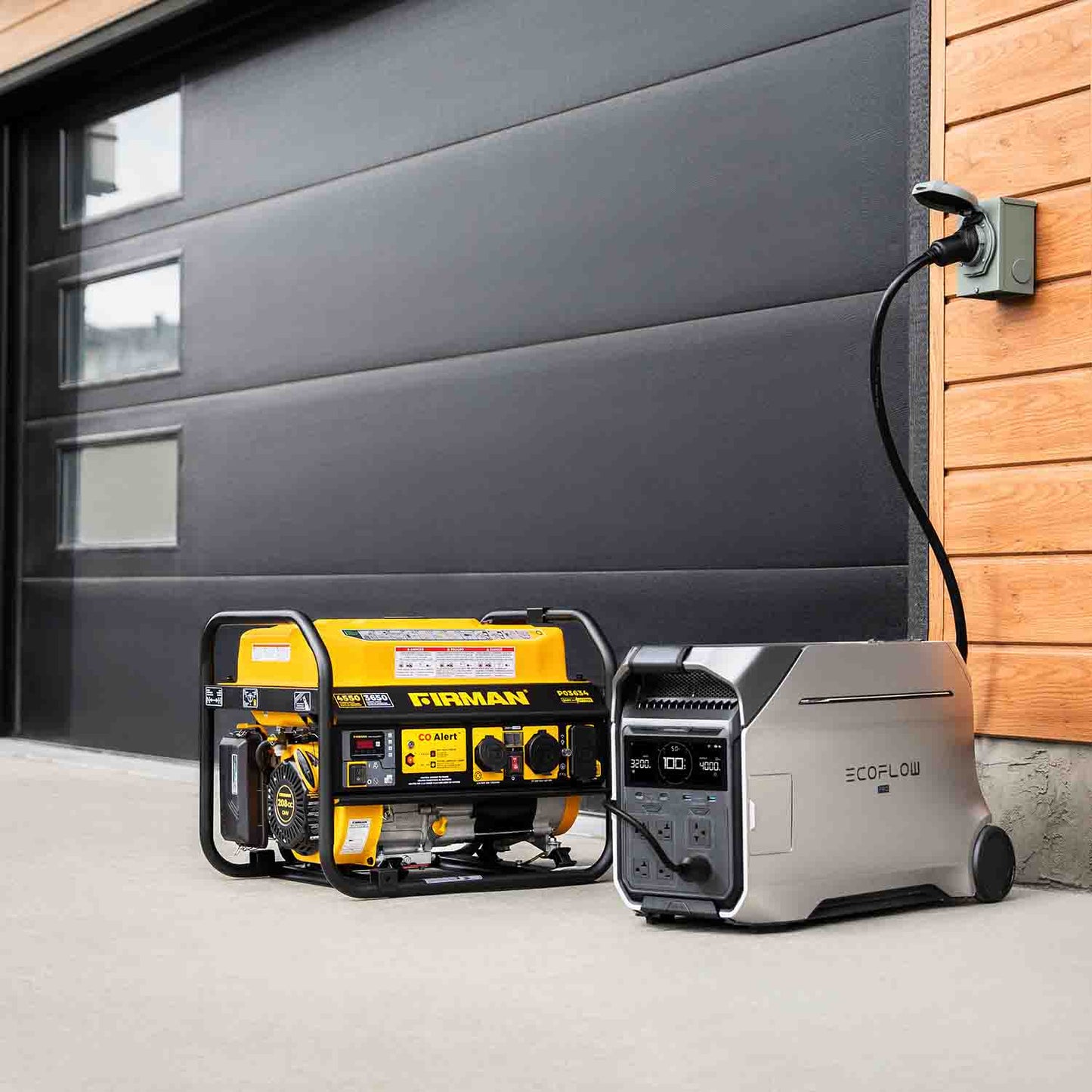EcoFlow DELTA Pro 3 On A Driveway Being Charged By A Gasoline Generator
