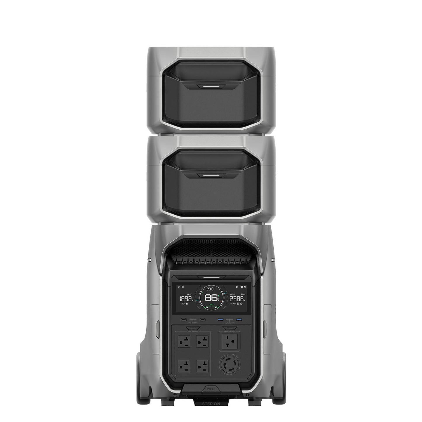 Front View Of The DELTA Pro 3 With Two Smart Extra Batteries