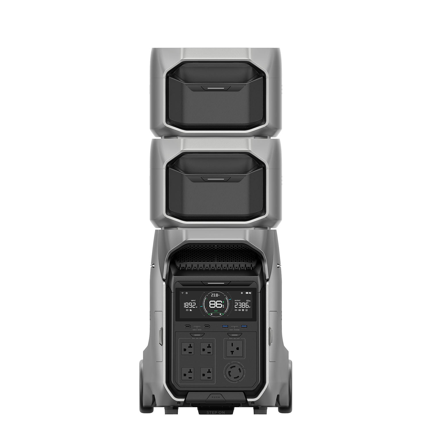 Front View Of The DELTA Pro 3 With Two Smart Extra Batteries
