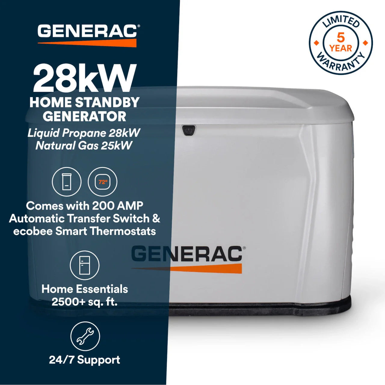 Generac 7329 28kW Standby Generator Propane Natural Gas 1 Phase 240V w/ 200A Automatic Transfer Switch New