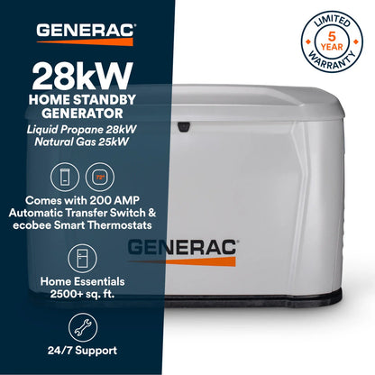 Generac 7329 28kW Standby Generator Propane Natural Gas 1 Phase 240V w/ 200A Automatic Transfer Switch New