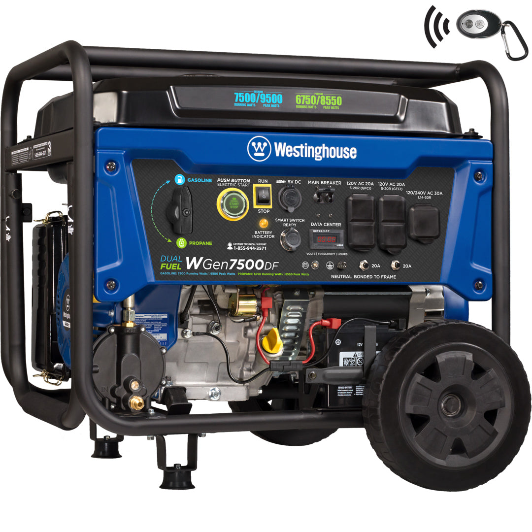 Westinghouse | WGen7500DF Dual Fuel Portable Generator shown at an angle on a white background.